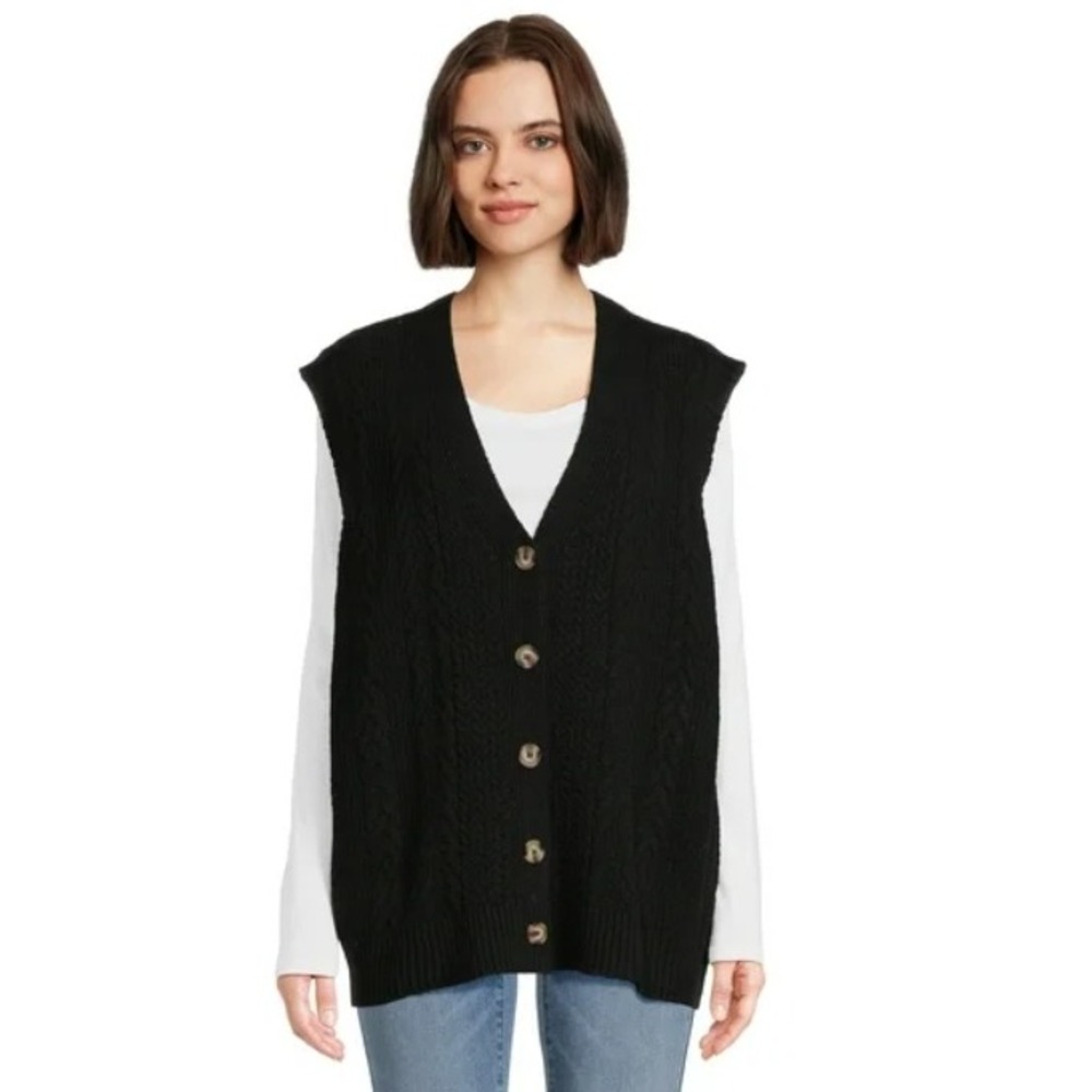 Dreamers by debut Cable Knit Sweater Vest V-Neck Button Front Black Sz S 2232
